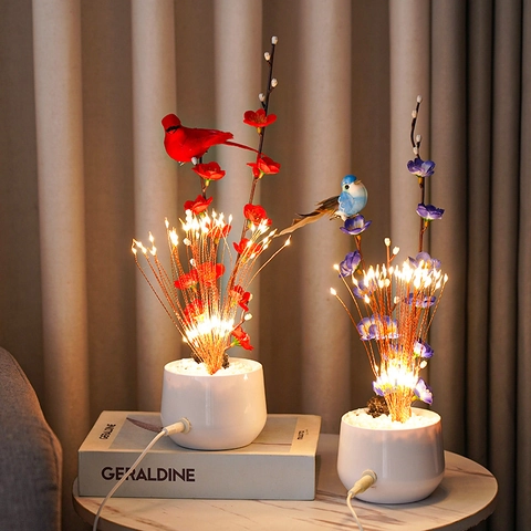 LED Artificial Potted Flower Lamp With Bird Ceramic Base USB Powered Warm Light Festive Christmas Desk Decor Nightlight