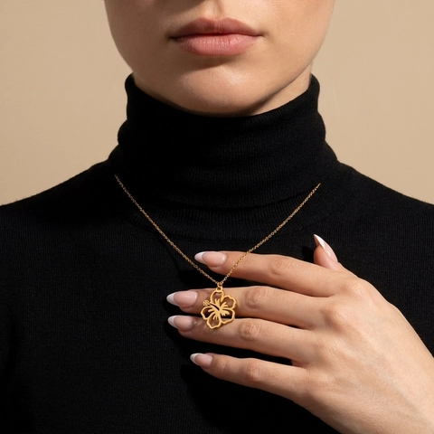 Collar Con Colgante De Flor De Hibisco Hueca Acero Inoxidable Chapado En Oro De 18K Joyería Para Mujer
