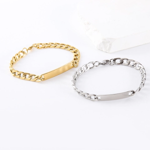 Pulsera De Cadena De Eslabones Cubanos De Acero Inoxidable 304 Con Placa ID Rectangular Pulida Joyería Minimalista