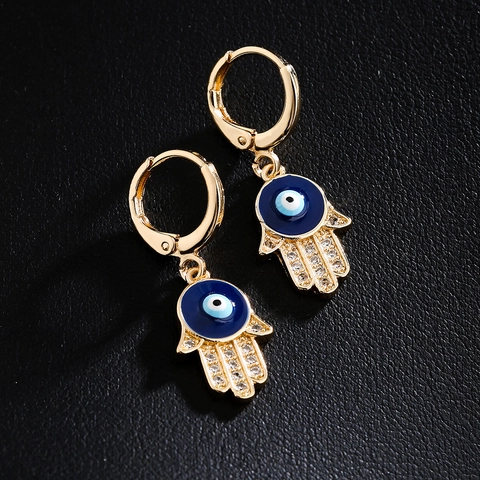 Hamsa Hand Hängeohrringe Böser Blick 18K Vergoldetes Messing Zirkon Emaille Modeschmuck Für Damen