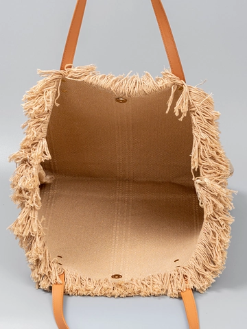 Bohemian Large Capacity Woven Canvas Tote Bag With Tassel Fringe PU Leather Handles For Women Vacation Daily Travel