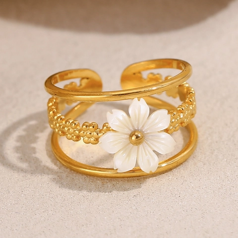 Bague Ouverte Fleur Vintage Française Acier Inoxydable Plaqué Or 18K Multicouche Bijoux Ajustables Pour Femmes