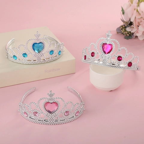 Princess Crown Headband Plastic Silver Plated Heart Shaped Colorful Rhinestone Birthday Party Performance Hair Accessory Kids Girls