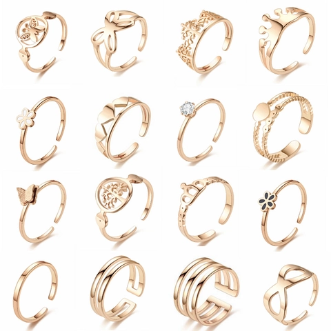 Minimalist Stainless Steel Adjustable Open Ring For Women Rose Gold Silver Hollow Butterfly Heart Crown Rhinestone Finger Ring Jewelry