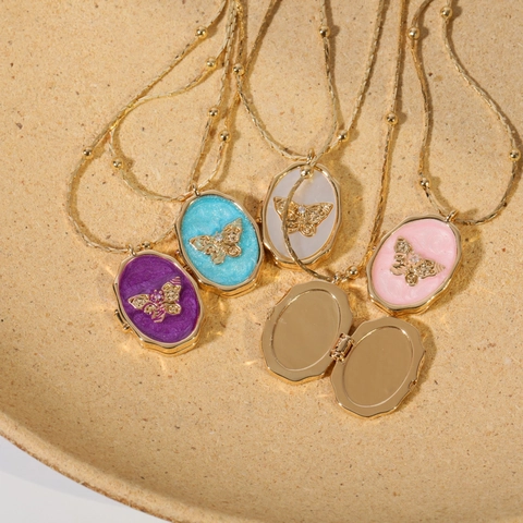 Collana Medaglione Farfalla Vintage Cornice Foto Apribile Intarsio Madreperla Rame Placcato Oro Gioielli Per Donne