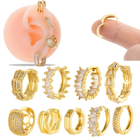 Copper Zirconia Cartilage Earring Gold Plated Geometric Cross Hollow Ear Clip Western Trendy Piercing Jewelry For Women