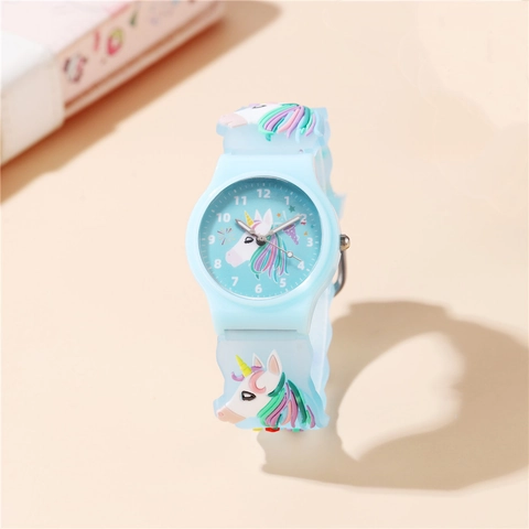 Kinder Quarzuhr Einhorn Relief Silikon Armband Analog Anzeige Cartoon Stil Mädchen Schüler