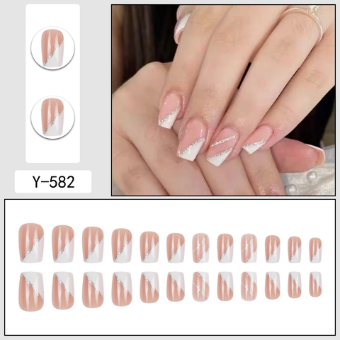 Elegant French Press On Nails Nude Pink White Diagonal Silver Glitter Line Coffin Shape Plastic Artificial Fake Nails