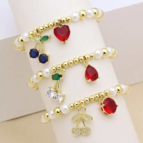 Luxus Kupfer Zirkonia Künstliche Perle Perlenarmband Herz Kirsch Anhänger Verstellbare Mode Schmuck Für Damen Party Geschenk