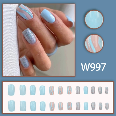 Uñas Postizas Press On Azul Claro Patrón Ondas Purpurina Plateada Brillante Cuadrado Redondo Plástico ABS Para Mujeres Manicura DIY