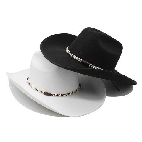 Western Cowboy Hat Woolen Felt Wide Brim Roll Edge Braided Band Ethnic Retro Fedora For Men Women