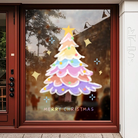 Christmas Tree Window Sticker Static Cling Rainbow Double Sided Colorful Glass Decal Festive Holiday Home Shop Decoration
