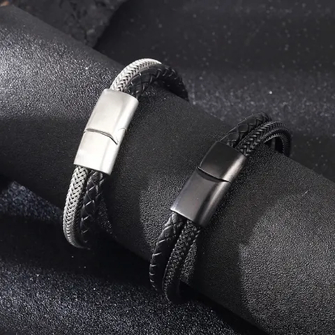 Men Double Layer Bracelet Stainless Steel Mesh And Woven Leather Strap With Magnetic Clasp Fashion Punk Jewelry For Him