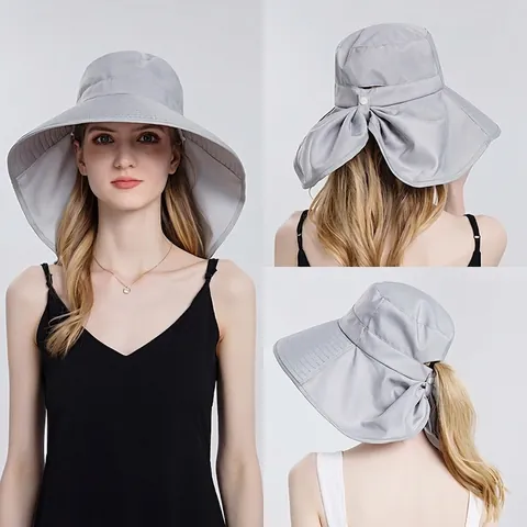 Women Sun Hat Wide Brim UV Protection Ponytail Hole Neck Flap Quick Dry Breathable Polyester Summer Outdoor Hiking