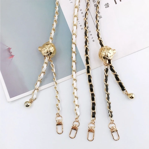 Adjustable Crossbody Bag Strap Phone Lanyard Metal Chain PU Leather Threaded Sliding Ball Gold Plated Alloy With Lobster Clasps