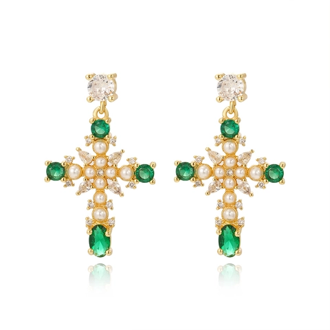 Pendientes De Botón De Cruz De Cobre Chapado En Oro De 18K Con Circonita Verde Y Perla Artificial Joyas Elegantes Para Mujer