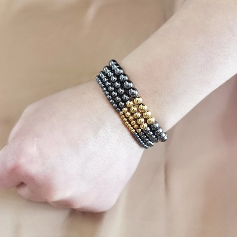 Men Beaded Bracelet Hematite Stainless Steel Elastic Hip Hop Style Waterproof Minimalist Jewelry Accessory