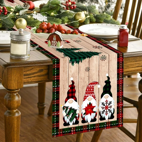 Chemin De Table Noël Polyester Gnome Grain De Bois Plaid Décoration De Fête Salle À Manger Festive