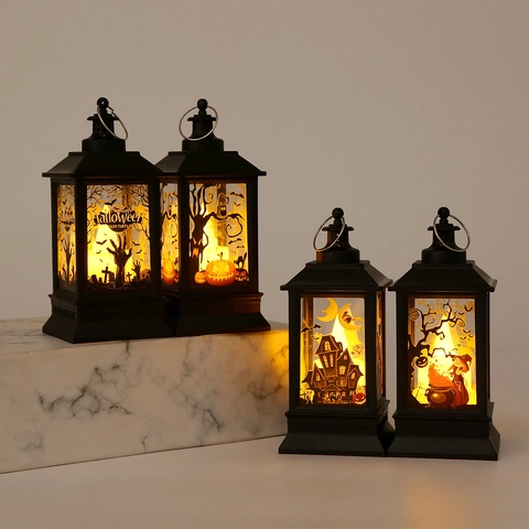 Halloween LED Decorative Lantern Portable Vintage Wind Lamp Warm Light Plastic Silhouettes Pumpkin Witch Castle Ornament