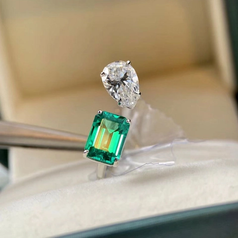 Elegant Copper Zirconia Open Ring Emerald Green Square Pear Shaped Adjustable Finger Ring For Women Jewelry Gift