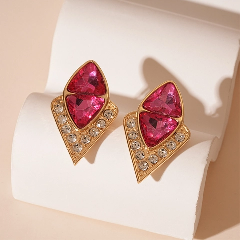 Retro Geometric Triangular Earrings Pink Faceted Crystal Rhinestone Alloy Women Silver Earring Post Elegant Jewelry