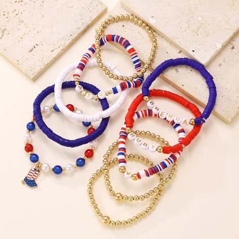 Patriotic US Flag Polymer Clay Heishi Beaded Bracelets With USA America Letters Stars Stripes Charms Bohemian Jewelry For Men Women