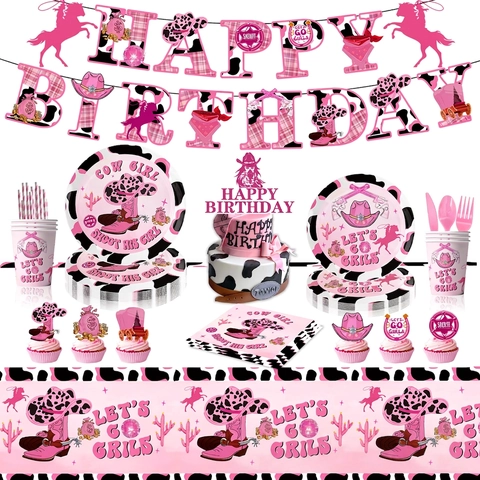 Westliche Rosa Cowgirl Geburtstag Party Dekorationen Kuh Druck Pappteller Becher Servietten Tischdecke Banner Geschirr