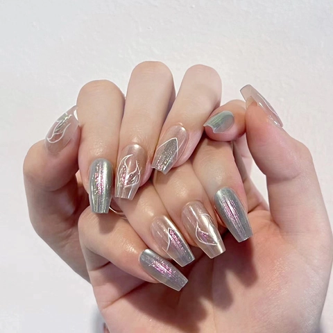 Press On Nagels Aurora Zeemeermin Blauw Kattenoog Kunstparelglans Holografische Glitter Witte Vlamlijnen Handgemaakt Voor Vrouwen