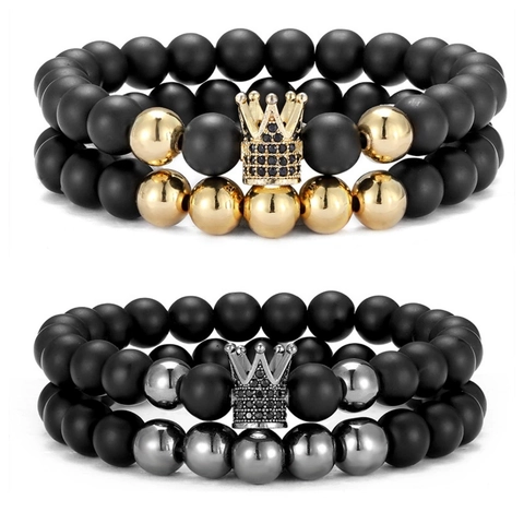 Bracciale Di Perline Con Ciondolo A Corona Agata Nera Opaca Rame Zirconia Micro Pave Gioielli Alla Moda Regalo