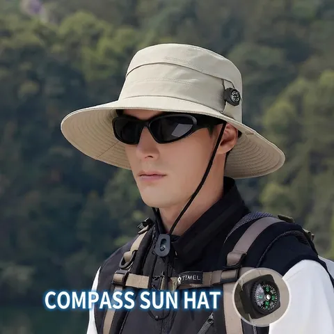 Outdoor Sun Hat Waterproof Nylon Quick Dry Wide Brim With Compass Wind Rope Fishing Hiking Camping Accessory For Men