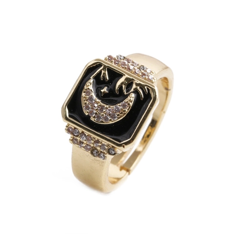 Star Moon Square Signet Ring Copper Enamel Cubic Zirconia Adjustable Open Ring Celestial Jewelry Gift For Women