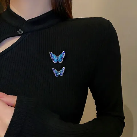 Broche Papillon Émail Dégradé Bleu Ajouré Alliage Strass Bijou Esthétique Accessoire Cadeau Pour Femmes