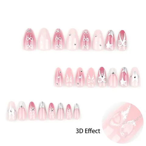 Französische Mandelform Künstliche Fingernägel Rosa Verlauf Mit 3D Silber Bogen Stern Metall Charms Strass Künstliche Perlen Y2K Stil