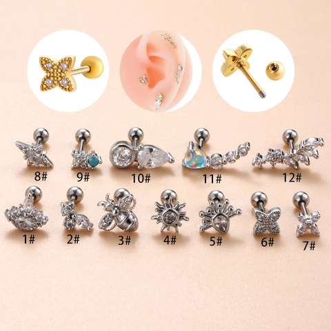Stainless Steel Ear Cartilage Stud Helix Piercing Zirconia Geometric Shapes Trendy Body Jewelry For Women Screw Back
