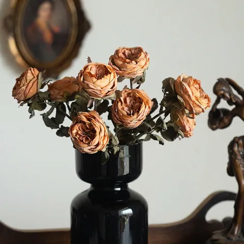Vintage Artificial Rose Flowers Satin Austin Roses With Burnt Edges For Home Table Decor Photography Props Retro Style