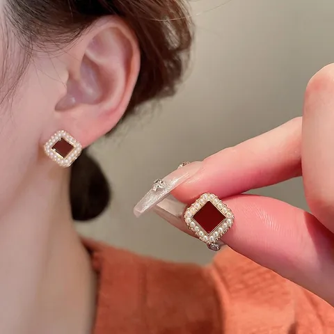 Square Artificial Pearl Earrings Vintage Red Enamel Geometric Studs With Silver Earring Post For Women French Style Elegant Jewelry