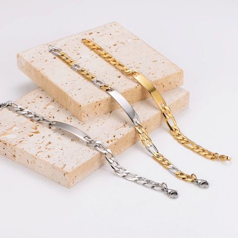 Bracciale Con Piastrina ID In Acciaio Inossidabile Da Uomo Catena Figaro Hip Hop Gioielli