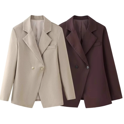 Women Double Breasted Blazer Jacket Notched Lapel Long Sleeve Solid Color Professional Office Casual Polyester Coat