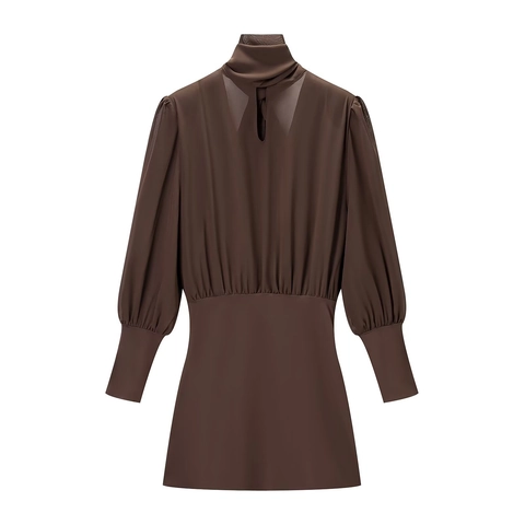 Mini Dress Patchwork Chiffon Long Sleeve High Neck Cutout Backless Bow Tie Slim Fit Solid Elegant Coffee For Women