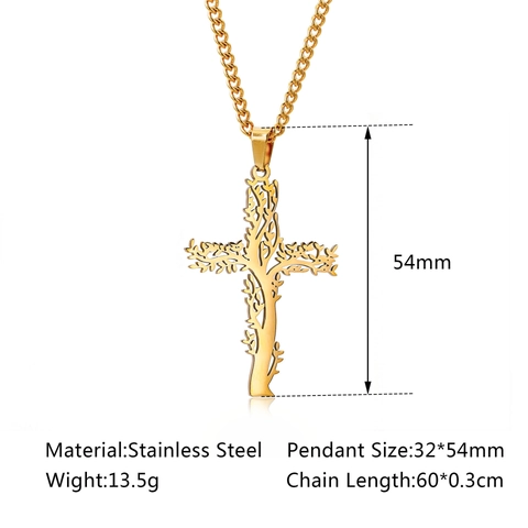 Tree Of Life Cross Pendant Necklace Stainless Steel Hollow Religious Gothic Hip Hop Jewelry For Men Women
