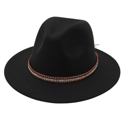 Vintage Woolen Felt Fedora Hat With Wide Brim Rhinestone Rivet Belt Decorative Elegant Unisex Jazz Cap