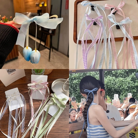 Tulip Flower Ribbon Hair Clips Fabric Lace Artificial Pearl Duckbill Clip Streamers Sweet Fairy Style Women Elegant Accessory