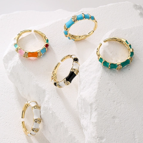 Verstellbarer Offener Ring Kupfer 18K Vergoldet Bunte Emaille Bambus Glied Zirkon Eingelegt Mode Schmuck Damen