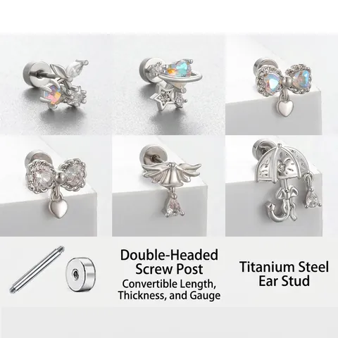 Titanium Steel Zircon Butterfly Heart Planet Angel Wing Cartilage Ear Studs With Stainless Steel Earring Post Screw Back