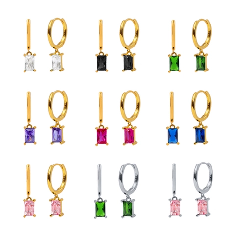 Orecchini A Cerchio Con Zirconi Colorati Taglio Baguette Pendente Rame Eco E Perno In Argento Sterling 925 Per Donna