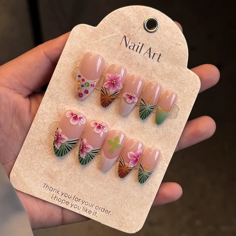 Press On Nagels 3D Bloem Amandelvorm Luipaardprint Franse Stijl Glanzend Kunstnagels Voor Dames