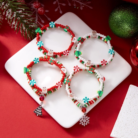 Bracelet Perles Noël Avec Argile Polymère Alliage Flocon De Neige Arbre De Noël Charmes Bijoux Festifs Pour Femmes Filles