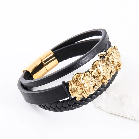 Herren Mehrlagiges Lederarmband Mit 304 Edelstahl Löwenköpfen Geflochtene Kordel Magnetverschluss Punk Hip Hop Schmuck