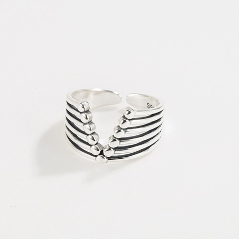 Vintage S925 Sterling Silver Multi Layer V-Shape Open Ring For Women Minimalist Antique Silver Beads Adjustable Finger Ring