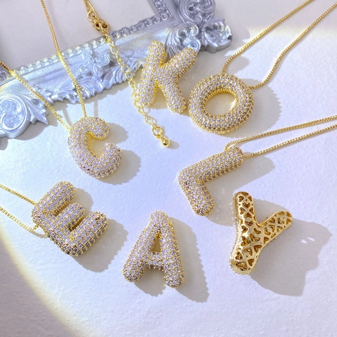 3D Bubble Letter Pendant Necklace Copper Zirconia Iced Out Hip Hop A-Z Alphabet Jewelry For Men Women Gold Silver Gift
